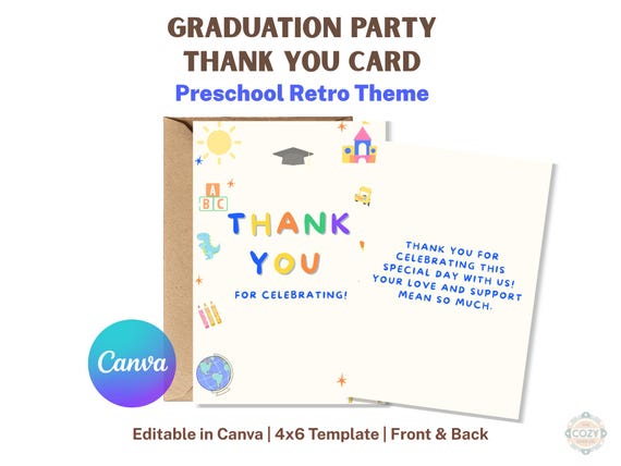 Editable Preschool Graduation Thank You Card Retro Kids Party Canva Template 4x6