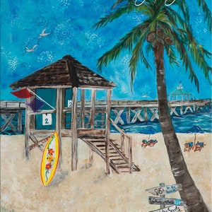 May include: A painting of a beach scene with a lifeguard stand, a palm tree, and a surfboard. The painting is titled "Deerfield Beach" and signed by the artist "Jodi June".