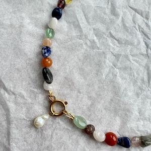 Colorful necklace made of natural stone beads and freshwater pearls - Necklace with pendant - Gift idea for her - Clasp gold or silver