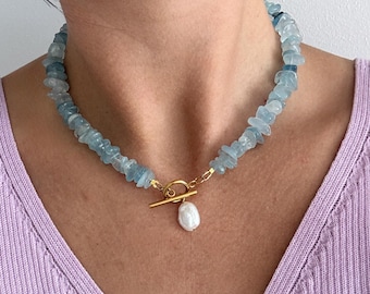 Aquamarine pearl necklace with freshwater pearl | Light blue natural stone necklace | Summer jewelry | Gold or silver clasp