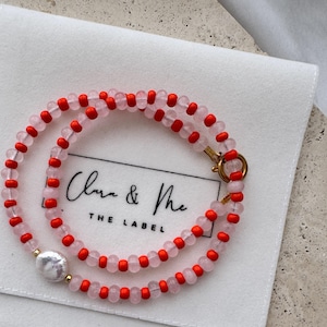 Rose quartz necklace with orange neon accents - colorful natural stone necklace with a freshwater pearl