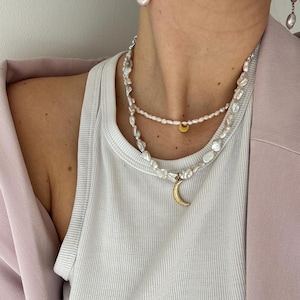 Freshwater pearl necklace with golden moon pendant / summery necklace with pendant / handmade necklace made of real pearls