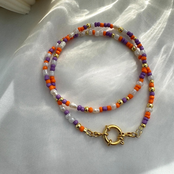 Colorful choker/necklace made of colorful glass beads, purple, orange with spring ring clasp/handmade pearl necklace/boho choker/gold/silver