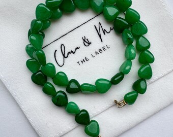 Green Jade Heart Necklace | Handmade Gemstone Beaded Necklace with 10 mm Heart Beads | Gold or Silver Clasp