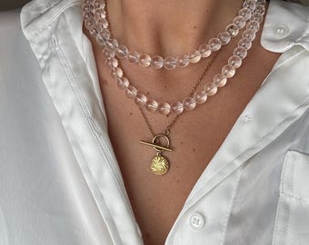 Rock crystal pearl necklace | Handmade gemstone necklace | Statement natural stone necklace | Double pearl necklace