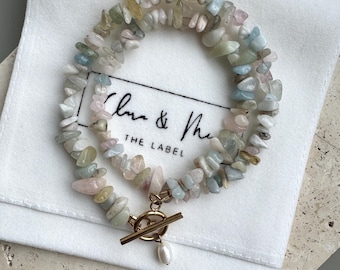 Morganite pearl necklace with freshwater pearl | Colorful natural stone necklace | Boho jewelry | Gift idea