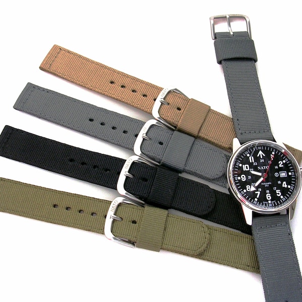 NATO® Two Piece Nylon WWII Ballistic Nylon Military Smart Watch Strap 2pc Combat band Olive Drab Grey Black Tan 16mm 18mm 20mm USA Stock