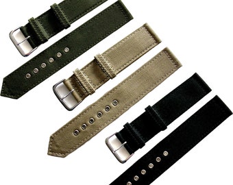 NATO® Canvas WWII 2pc Military watchband Vintage style Stainless Steel tongue holes 16mm 18mm 20mm USA stock