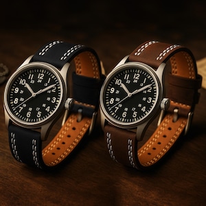 May include: Two wristwatches with black faces and silver-tone cases. One has a black leather strap with white stitching, the other a brown leather strap. Both watches display the time with white numerals and hands.