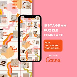 May include: A colourful Instagram puzzle template with a grid of 36 squares. The template features a variety of images, including flowers, sunglasses, candles, and text. The text includes "Insert quote here", "Coming soon", "Shop online", "Sale", and "New". The template is designed to be used with the Canva app.