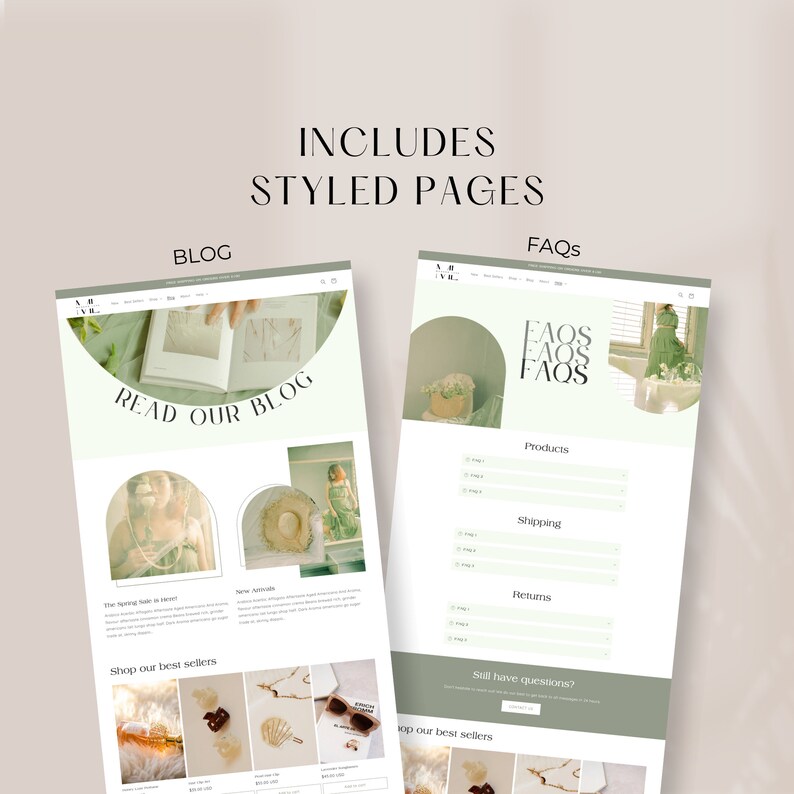 Includes styled pages: blog, FAQs