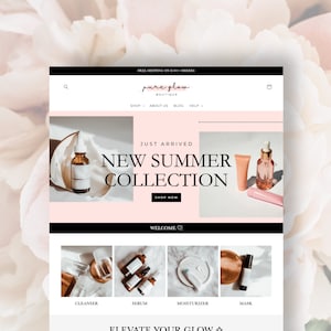 Shopify Theme Minimalist Pink, Aesthetic Luxury Website Design, Luxe Skincare Boutique, Editable Canva Banners, Ecommerce Template, Neutral