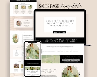 Plantilla de página de ventas de Canva, página de inicio del curso de coaching, página de inicio, plantilla de embudo de ventas del creador del curso, Canva editable, neutral