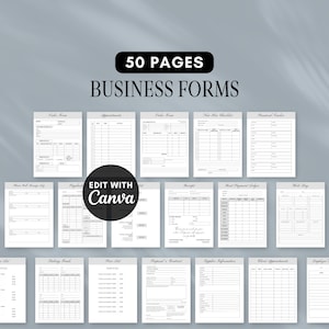 Könnte beinhalten: Eine Sammlung von 50 Geschäftsformularen, darunter Bestellformulare, Terminkalender und Checklisten. Die Formulare sind in Schwarzweiß gehalten und haben ein klares, minimalistisches Design. Der Text "50 PAGES BUSINESS FORMS" steht oben.