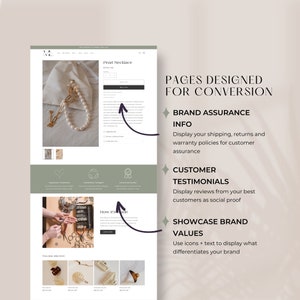 Pages designed for conversion:
Showcase brand values, customer testimonials, brand assurance information