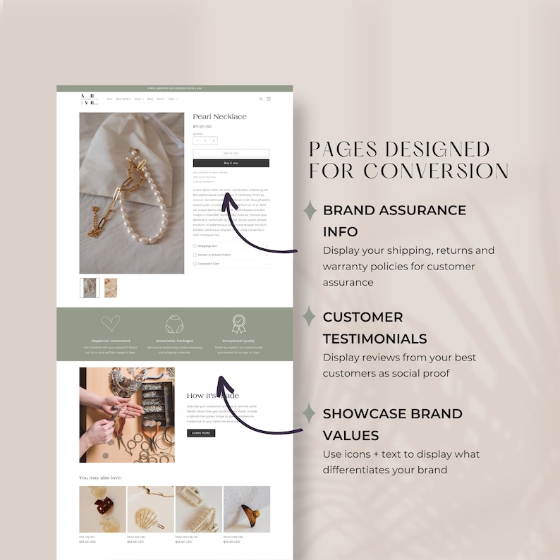 Pages designed for conversion:
Showcase brand values, customer testimonials, brand assurance information