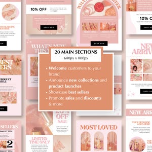 Op de afbeelding: Een collage van roze en perzikkleurige afbeeldingen met tekstoverlays. De tekst bevat "What's New This Week", "Best Sellers", "Limited Time Only", "Most Loved", "New Arrivals", "20 Main Sections", "Welcome customers to your brand", "Announce new collections and product launches", "Showcase best sellers", "Promote sales and discounts & more", "20% Off Sale", "Your Headline Goes Here", "Product Title", "Shop Now".