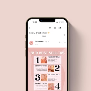 Op de afbeelding: Een roze en witte e-mail op het scherm van een smartphone die reclame maakt voor vier bestsellers. De e-mail heeft een roze achtergrond met witte tekst en de nummers 1 tot en met 4 die elk product markeren. Elk product heeft een foto en een korte beschrijving.
