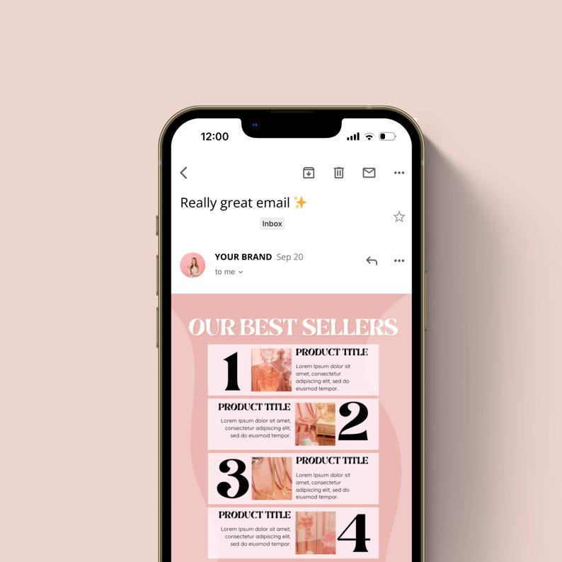 Op de afbeelding: Een roze en witte e-mail op het scherm van een smartphone die reclame maakt voor vier bestsellers. De e-mail heeft een roze achtergrond met witte tekst en de nummers 1 tot en met 4 die elk product markeren. Elk product heeft een foto en een korte beschrijving.