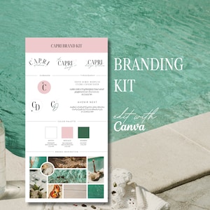 Plantilla de kit de marca, Plantilla de tablero de marca, Kit de marca, Tablero de estado de ánimo, Paleta de colores, Rosa, Verde, Estética, Plantilla de Canva editable