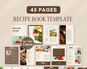 クックブック 電子書籍テンプレート Canva | 45 ページ | デジタルレシピブック 食事プランナー | レシピカード | オンラインで編集可能な DIY ブック | レシピオーガナイザー