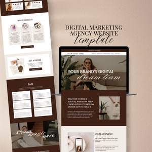 May include: A website template for a digital marketing agency. The website features a brown background with white text and images. The text includes the words "Your Brand's Digital Dream Team" and "Welcome to Your Agency, Where We Turn Clicks Into Conversions and Ideas Into Impact".