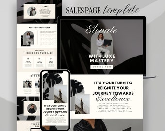 Plantilla de página de ventas de Canva, página de destino de curso de coaching, página de destino, plantilla de embudo de creación de cursos, Canva editable, negro, minimalista