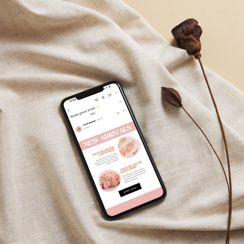 Op de afbeelding: Een mobiel telefoonscherm dat een e-mail weergeeft met de onderwerpregel "Echt een geweldige e-mail!" en de tekst "Nieuwe aankomsten" in een roze kader. De e-mail bevat twee afbeeldingen van kledingstukken met de tekst "Je nieuwe seizoensessentials zijn hier" en "Je nieuwe must-have is hier". De e-mail bevat ook een knop "Nu kopen".