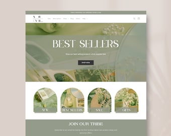 Shopify Theme Template, Green Aesthetic Shopify Boutique Website, Shopify Banners, Luxury Website Design Template, Minimalist Website, Canva