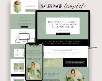 Plantilla de página de ventas de Canva, página de inicio del curso de coaching, página de inicio, plantilla de embudo de ventas del creador del curso, Canva editable, verde, neutral