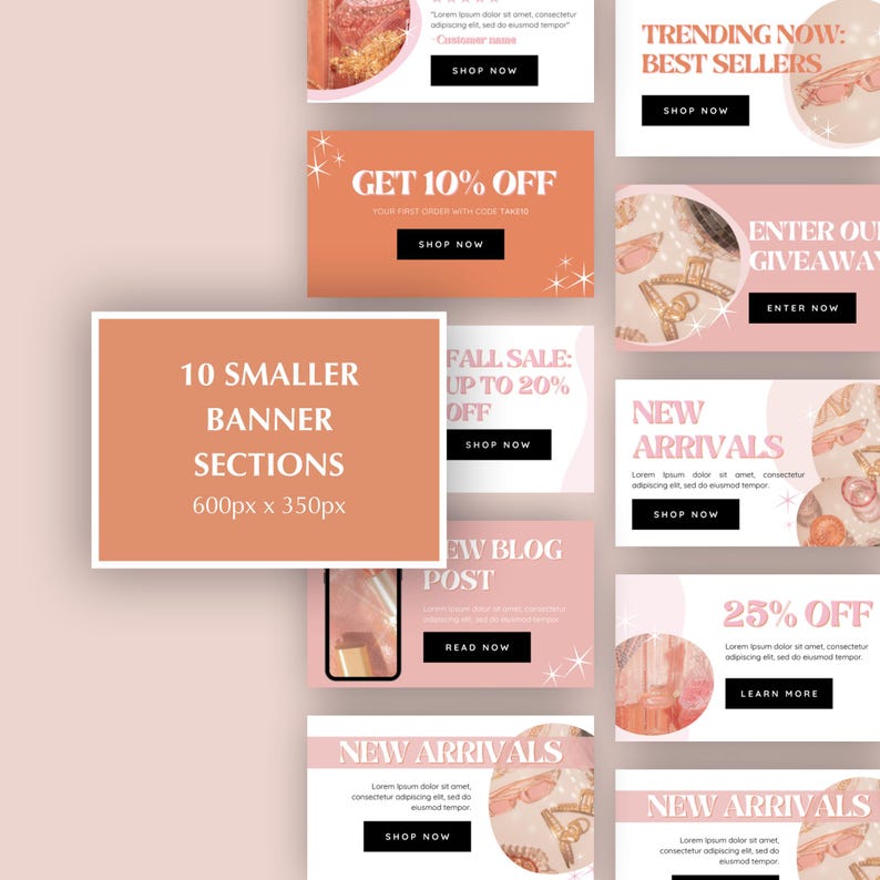 Op de afbeelding: Tien roze en perzikkleurige banner sjablonen voor sociale media. Elke banner heeft een ander ontwerp met tekst zoals "Krijg 10% korting", "Nieuwe aankomsten", "Trending nu: Bestsellers", "Herfstuitverkoop: Tot 20% korting", "Doe mee aan onze giveaway", "Nieuwe blogpost" en "25% korting".