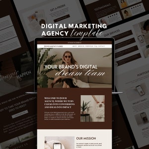 May include: A website landing page for a digital marketing agency. The page features a brown and white color scheme with a photo of a woman wearing sunglasses and a white top. The text on the page reads "Your Brand's Digital Dream Team" and "Welcome to [Your Agency], where we turn clicks into conversions and ideas into impact."
