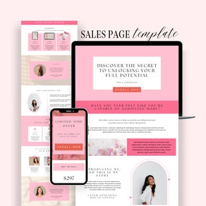 Canva Sales Page Template, Coaching Course Landing Page, Landing Page, Course Creator Sales Funnel Template, Editable Canva, Pink Minimalist