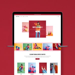 Peut inclure: Une page d'accueil de site Web pour une boutique en ligne proposant une variété de produits colorés, notamment des sacs, des chaussures et des vêtements. Le site Web présente une grande bannière avec le texte "Nouveautés" et un mannequin portant une chemise bleue et un jean. Le site Web présente également une section intitulée "Design élégant, fabrication experte" avec une description des produits.