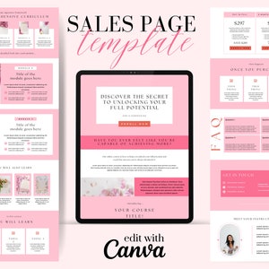 Sjabloon voor Canva-verkooppagina | Landingspagina voor coachingcursussen | Bestemmingspagina | Sjabloon voor cursusmaker | Bewerkbare DIY Canva | Roze minimalistisch