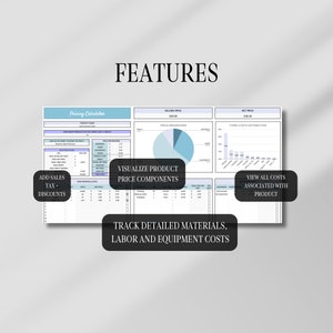 May include: A digital pricing calculator with a light blue and white design. The image highlights features such as visualizing product price components, tracking detailed costs, and viewing all associated costs. The word "FEATURES" is at the top.