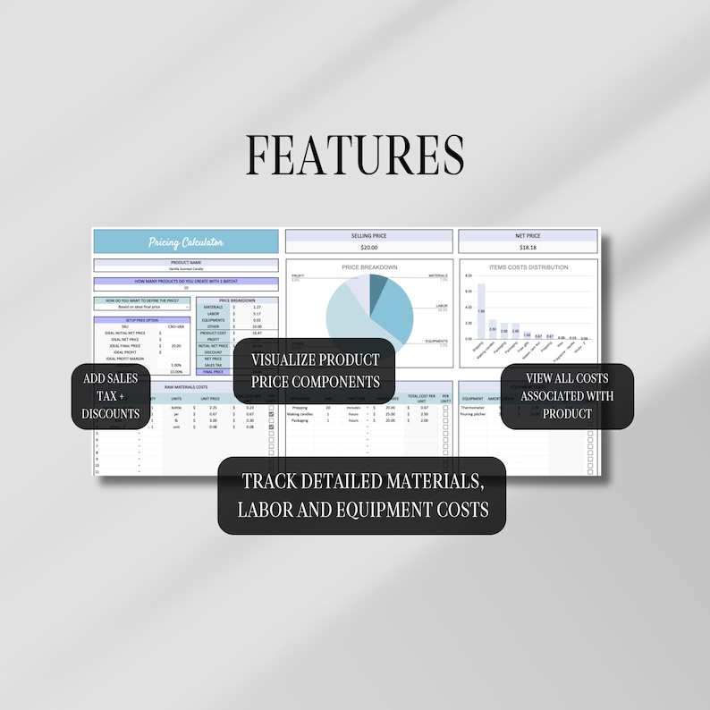 May include: A digital pricing calculator with a light blue and white design. The image highlights features such as visualizing product price components, tracking detailed costs, and viewing all associated costs. The word "FEATURES" is at the top.