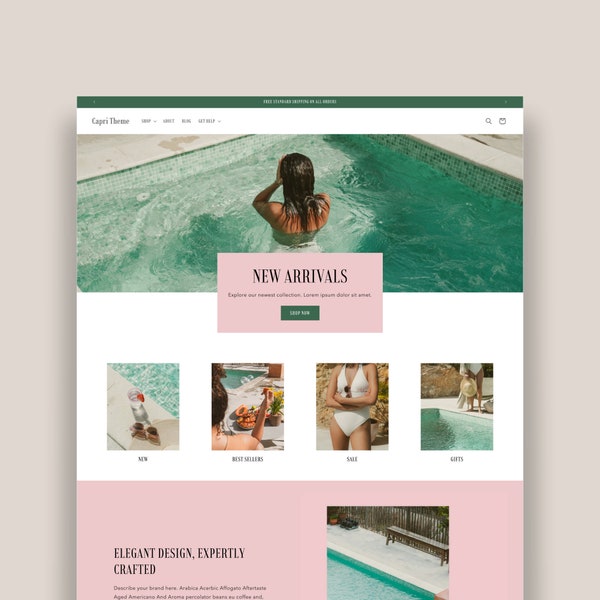 Shopify Theme Minimalist, Aesthetic Luxury Website Design, Elegant Boutique Store, Editable Canva Banners, Ecommerce Template, Pink, Green