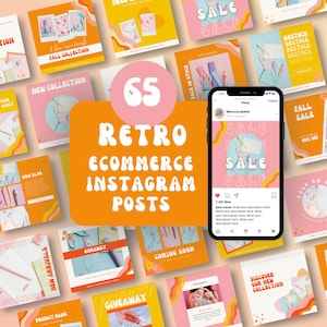 May include: A collection of 65 retro-style Instagram post templates for e-commerce businesses. The templates feature bright colors, bold fonts, and playful graphics. Some of the templates include text such as "New Arrivals", "Sale", "Giveaway", and "Coming Soon".