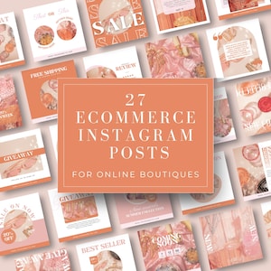 Puede incluir: Una colección de 27 plantillas de publicaciones de Instagram para boutiques en línea. Las plantillas presentan una variedad de diseños, que incluyen colores rosa y melocotón, acentos dorados y superposiciones de texto. Las plantillas están diseñadas para promocionar productos, anunciar ventas e interactuar con los clientes.