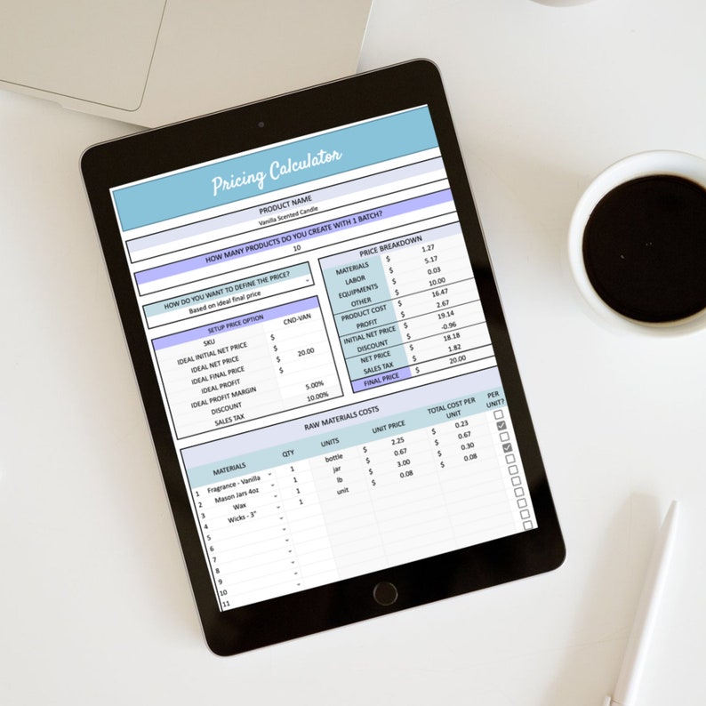 May include: A black tablet displays a pricing calculator spreadsheet with the title "Pricing Calculator." The spreadsheet includes sections for product name, quantity, and cost breakdown. A cup of coffee and a pen are next to the tablet.