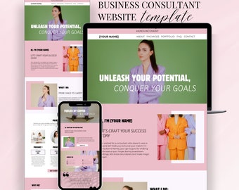 Plantilla de sitio web de Canva para consultor de negocios, página de ventas de cursos de consultoría de entrenadores, autónomo de marketing empresarial, editable, estético, rosa