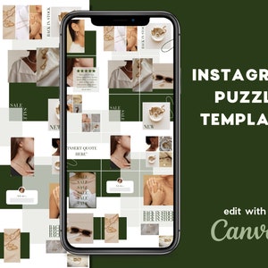 Könnte beinhalten: Eine grüne und weiße Instagram-Puzzle-Vorlage mit dem Text "INSTAGRAM PUZZLE TEMPLATE" und "edit with Canva". Die Vorlage ist in 16 Quadrate unterteilt, die jeweils ein anderes Bild von Schmuck enthalten, darunter Halsketten, Ohrringe und Ringe. Die Bilder sind in einem Raster angeordnet.