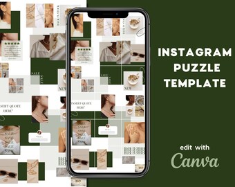Instagram Puzzle Template Green | IG Puzzle Grid | Green Minimalist Modern | Social Media Branding Kit | Edit with Canva | Instagram Feed