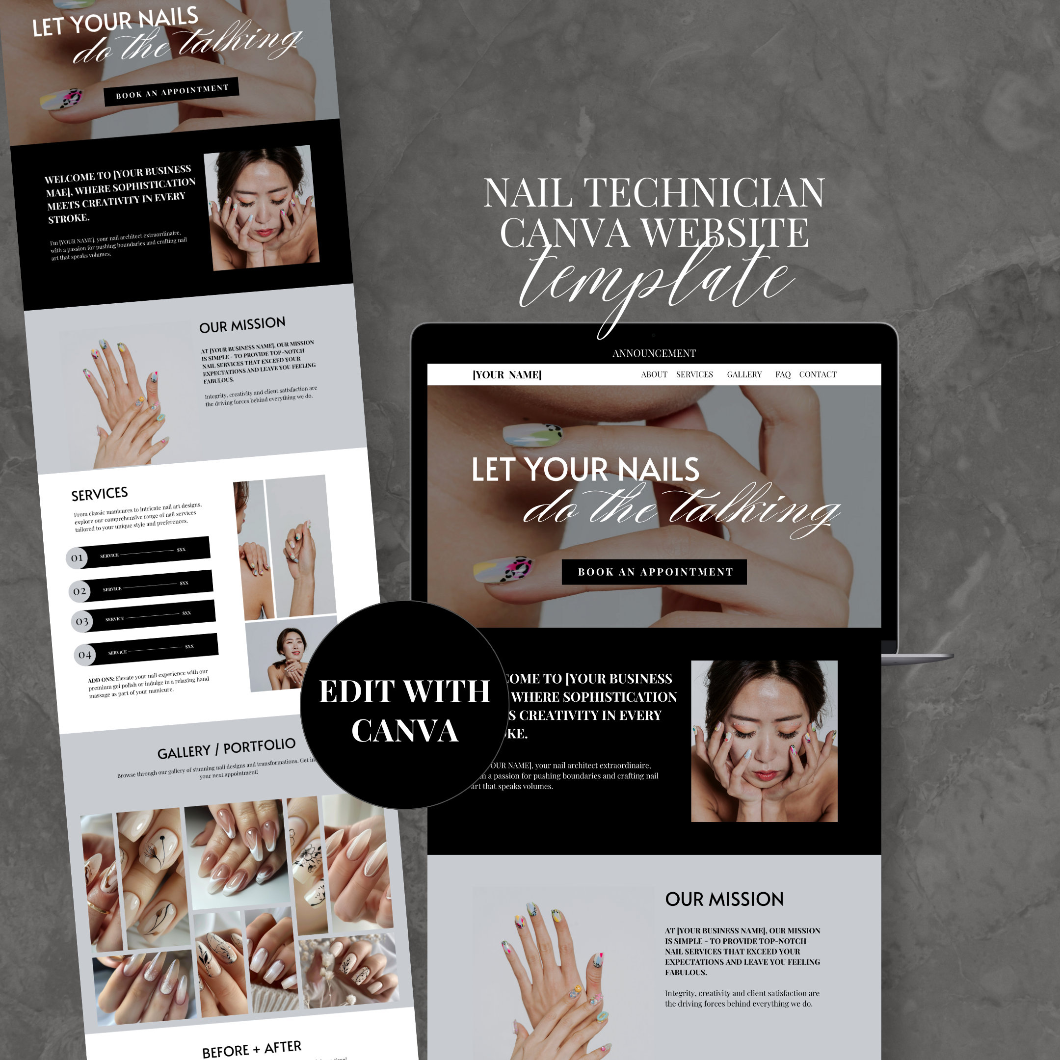 Nail Tech Canva Website Template, One-Page Nail Technician Website, Lash Website, Beauty Landing Page, Aesthetic, Luxury, Black, Template