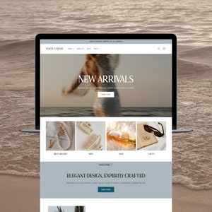 Op de afbeelding: Een website-homepage voor een online winkel die sieraden, accessoires en cadeaus verkoopt. De website heeft een bannerafbeelding met de tekst "Nieuwe aankomsten" en een call-to-action om "Nu winkelen". De homepage heeft ook een raster met productafbeeldingen met categorieën zoals "Bestsellers", "Nieuw", "Sale" en "Cadeaus". De website heeft een lichtblauw en wit kleurenschema en bevat de tekst "Welkom" en "Elegant ontwerp, vakkundig vervaardigd".