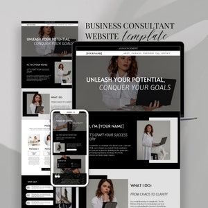 Peut inclure: Modèle de site Web pour un consultant en affaires. Le site Web présente un schéma de couleurs noir et blanc avec un titre audacieux qui se lit comme suit : « Libérez votre potentiel, réalisez vos objectifs ». Le site Web comprend également une photo d'une femme travaillant sur un ordinateur portable.