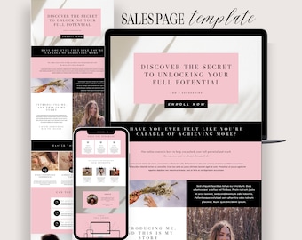 Plantilla de página de ventas de Canva, página de inicio del curso de coaching, página de inicio, plantilla de embudo de ventas del creador del curso, Canva editable, rosa, neutral