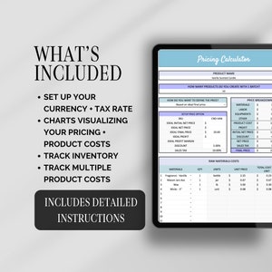 May include: A digital tablet displays a pricing calculator for a vanilla-scented candle. The screen shows a product name, setup price options, and raw materials costs. Text on the left side lists features like currency setup and product cost tracking.