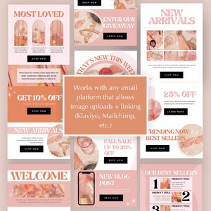 Op de afbeelding: Een collage van negen Instagram-achtige afbeeldingen die reclame maken voor een beauty- of modemerk. De afbeeldingen hebben roze en perzikkleurige kleurschema's met tekstoverlays zoals "Most Loved", "Nieuwe Aankomsten", "Krijg 10% Korting", "Welkom", "Herfstuitverkoop: Tot 20% Korting", "Nieuwe Blogpost" en "Onze Bestsellers".
